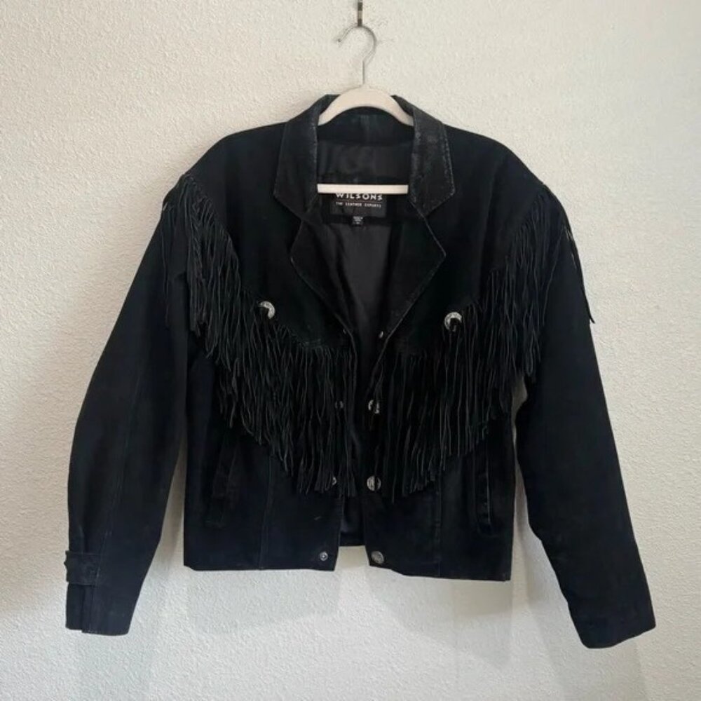 Vintage Wilsons Suede Leather Jacket Medium Black Fringe Western Biker Women’s